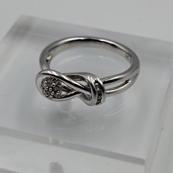 Sterling Silver 925 Designer Pave Diamond Knot Design Ring Sz 7 - Picture 4 of 15